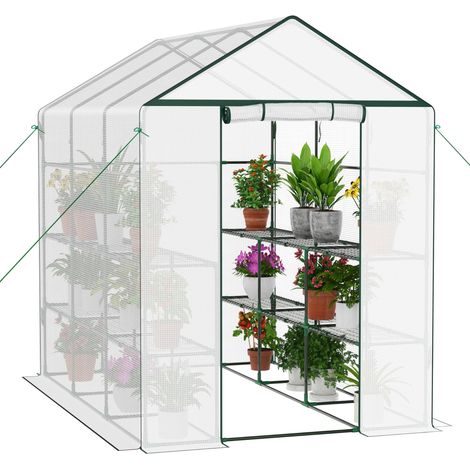 Serre en Film Plastique avec Porte Enroulable - 143 x 195 x 213 cm - 4 étagères - Film grillagé en polyéthylène - pour Plantes, légumes, Fleurs - Blanc (1/5)