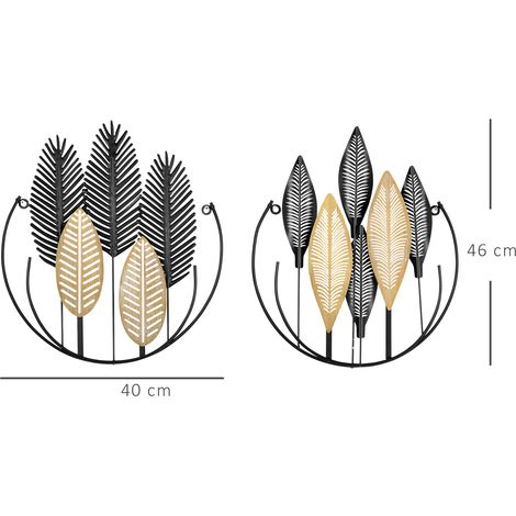 Décor mural 3D en fer forgé, pack de 2 panneaux feuillage, teinte noire et naturelle, pour séjour moderne, dimensions 40 x 46 cm, style végétal design. (1/5)