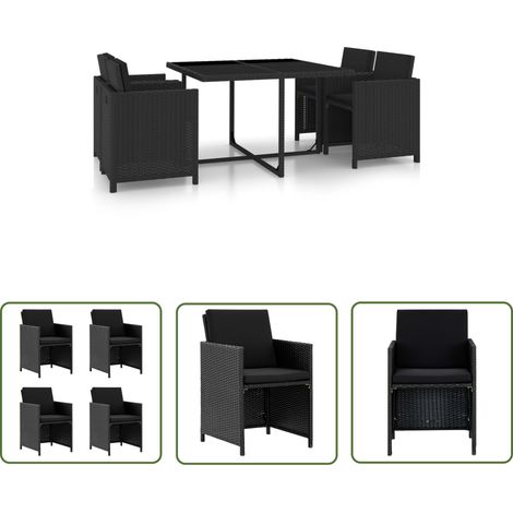 The Living Store 5-tlg. Garten-Essgruppe mit Auflagen Poly Rattan Schwarz - Gartensessel - Gartenstuhl - Outdoor Möbel - Gartentisch - Esszimmergarnitur (1/5)