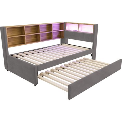 Cama tapizada 90 x 200 cm con cama nido 90 x 190 cm, LED y almacenaje, gris oscuro (1/5)