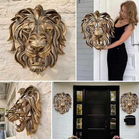 Sculpture murale tête de lion, lion doré ajouré en 3D, décoration murale artisanale, 100 % neuf (1/5)