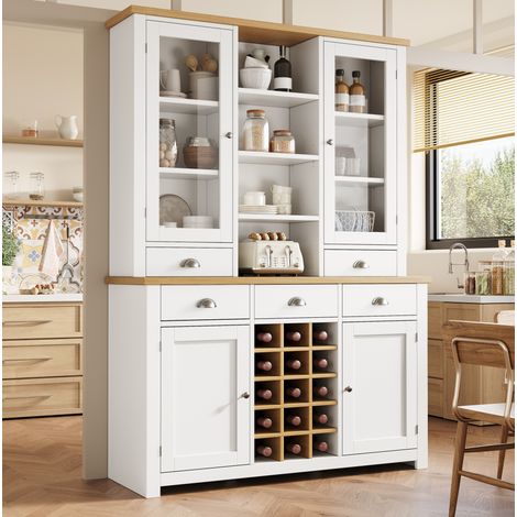 Credenza alta multifunzione bianca 120x40x185 cm con anta in vetro, cassetti e soft-close REDOM (1/5)