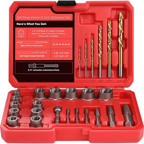 Juego de 26 extractores de roscas rotas, extractores de tuercas y tornillos, y extractores de tornillos con manguito anticorrosión. (1/4)