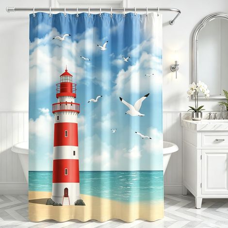 Rideau de douche 240 x 180 cm, motif phare, ourlet lesté, anti-moisissure, imperméable, lavable, en polyester, avec 16 œillets et anneaux de rideau de douche pour salle de bain, baignoire (1/5)