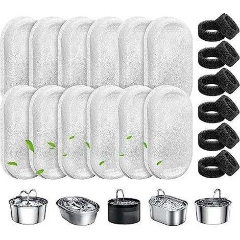 Katzenbrunnen Filter, 24 Stück Ersatzfilter Für Trinkbrunnen, 12 Stück Kohlefilter Und 12 Stück Schaumfilter, Wasserfilter Passend für 2L/3.2L/4L Edelstahl Trinkbrunnen Für Katzen Und Hunde (1/5)