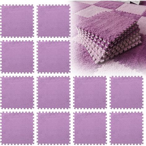 Tapis Puzzle - 12 Pièces - Mousse EVA Et Peluche - Dalles Emboîtables 30x30cm - Pour Chambre Enfant Et Salon - Violet Foncé (1/5)