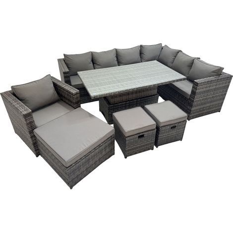 Fimous 10 Seater Rattan Height Adjustable Rising Lifting Table Corner Sofa Sets with Chair 3 Stools Dark Grey Mixed (1/5)