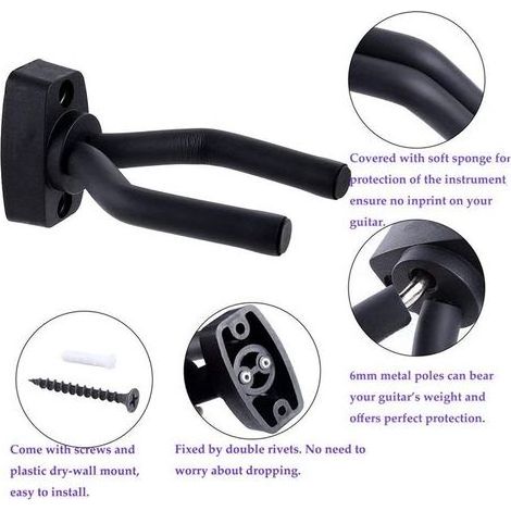 Set mit 6 Wandhaken für Akustikgitarren, Ukulelen, Bässe, Mandolinen und Banjos – Schwarze Wandhalterung (1/5)