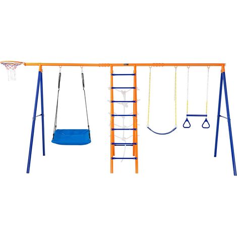 Balancoire jardin 6-en-1 2 sieges trapeze echelle filet basket 200kg metal robuste exterieur enfant des 3 ans (1/5)