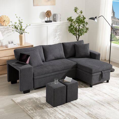 Sofá cama esquinero 231x131,5x84 cm en tela acanalada gris, almacenaje y USB - CHICFURN (1/5)