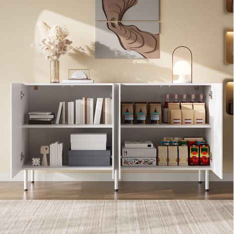 Buffet 140x40x77.5 cm blanc en MDF et panneaux de particules avec 4 portes push-to-open (1/5)