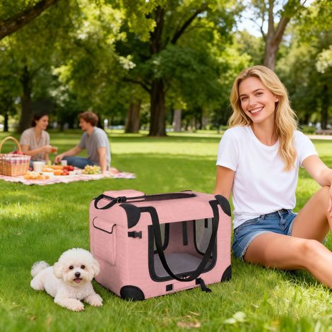 Rose 60x41,5x41 cm - Transporteur pliant pour chiens doté de fenêtres en treillis, coussin doux et 2 poignées pour mini-chiens et chats