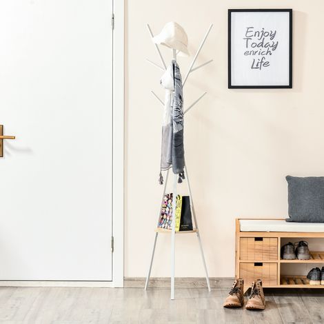 Garderobenständer Kleiderständer mit Ablage und 8 Haken Jackenständer Moderner Garderobe für Kleidung Hut Tasche, Wohnzimmer, Weiß