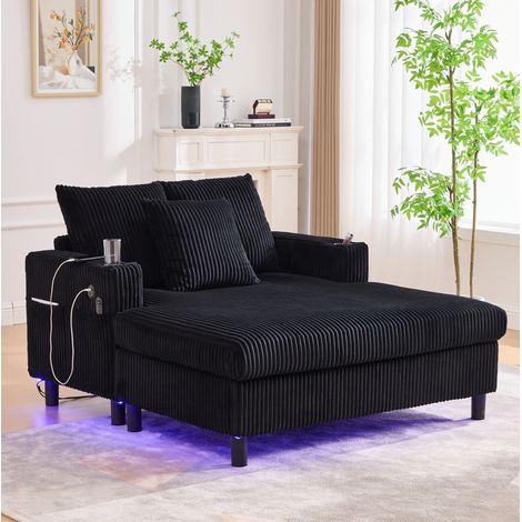 Relax-Méridienne 142x128x85 cm schwarz mit LED, USB und Becherhalter, Rippenvelours MEUBLIV (1/5)