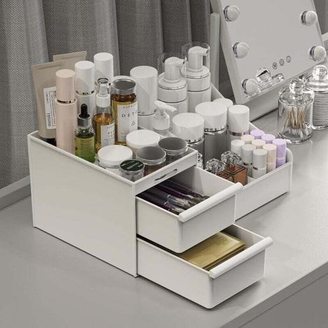 Double Drawer Cosmetic Storage Box, Large Dressing Table Bathroom Storage Box, Care Products Storage Box (White) (1/4)