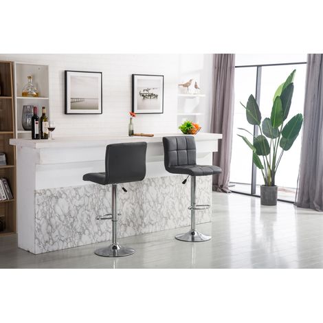 Hobag – Lot de 2 tabourets de bar gris – Assise réglable 64-85cm – Pied en acier – Matière polyuréthane – Design moderne pour séjour (1/2)