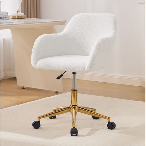 Sedia da ufficio girevole a 360°, regolabile in altezza, base dorata con rotelle, sedia da toeletta in tessuto bouclé orsetto avorio (1/5)