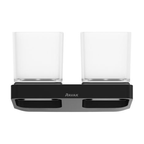 Ravak 10° - Vasos para cepillo y pasta de dientes con soporte, negro/vidrio X07P558 (1/5)