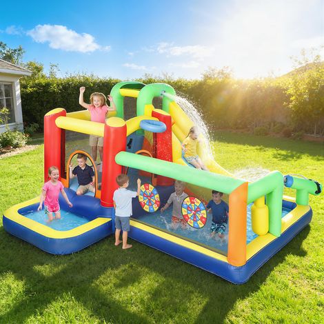 9-in-1 aufblasbare Wasserburg mit 550-W-Gebläse, Rutsche, Trampolin, Kletterwand, 2 Pools, Basketballkorb und Boxsäule
