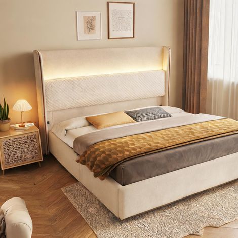 Cadre de lit beige en lin 221 x 173 x 121 cm (1/5)
