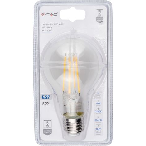 V-TAC E27 8W A65 LED-Glühbirne, warmweiß (Blisterpackung mit 1 Stück)