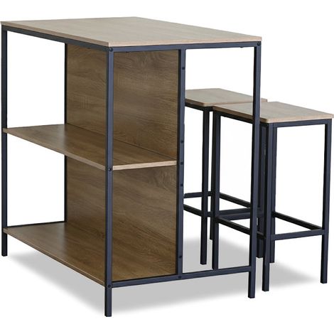 Mesa de Bar en Madera y Metal + 2 Taburetes Nancy, Diseño Industrial, 95cm, Roble y Negro
