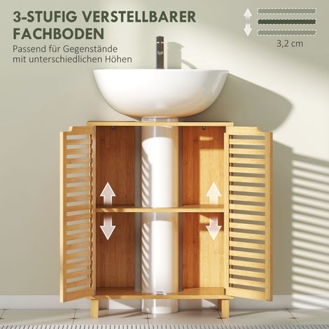 Meuble sous lavabo salle de bain, placard avec portes à lamelles, bois de bambou, étagères réglables, rangement naturel, armoire vasque 120cm, meuble toilette en bambou massif (1/5)