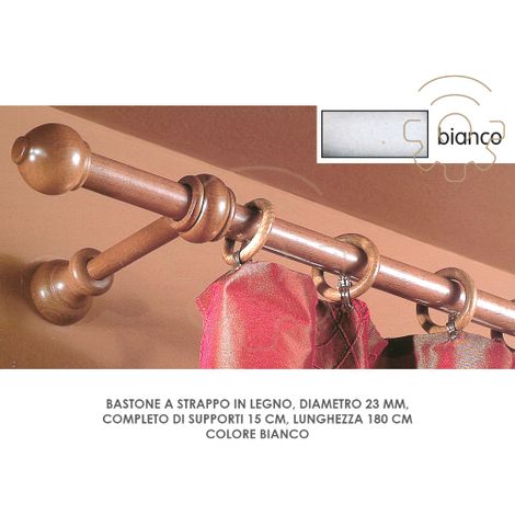 Tringle A rideau coulissante en bois blanc 23 mm longueur 180 cm avec supports 15 cm