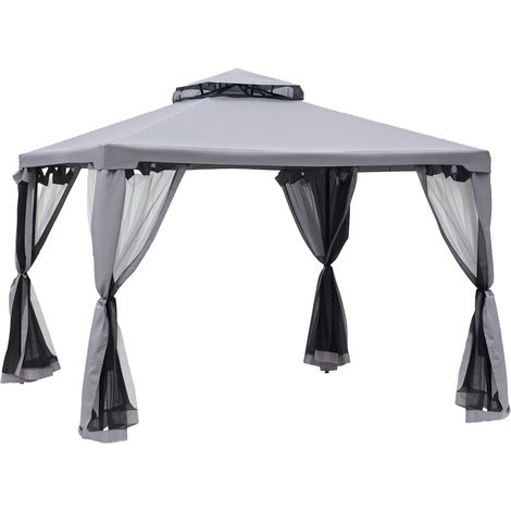 Pavillon à double toit, env. 3 x 3 m avec moustiquaire et panneaux latéraux, pavillon de jardin en métal, gris clair (1/5)