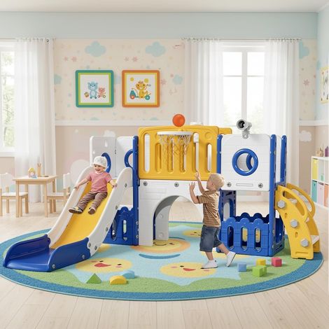 9 en 1 Toboggan Enfant Panier de Basket et Télescope, Jeu Exterieur Enfant, Aire de Jeux Intérieure et Extérieure, Stockage et Tunnel, mit 2PCS Moduls,(Jaune-bleu) (1/5)
