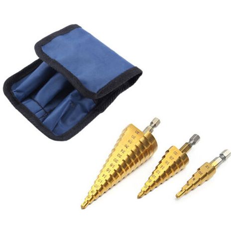 DEESSE SHOP-Foret étagé en métal 3 pièces, 4-12/20/32 mm HSS titane conique triangle métal étagé fraise, tournevis à queue hexagonale foret étagé en métal acier, bois, laiton (1/5)