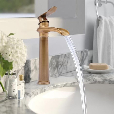 Wasserfall Wasserhahn Höhe des 30cm Antiken Bronze Wasserhahn mit Anti-Tropf Design & 2 Schläuche, Waschbecken Armaturen Messing Waschtischarmatur Hoch Retro für Washbecken Badezimmer (1/5)