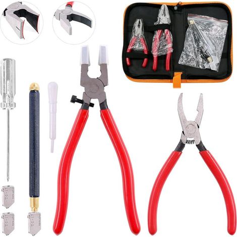 Kit de 9 outils de coupe de verre avec pinces courbes et embouts en caoutchouc, coupe-verre à pointe en carbure rempli d'huile (1/5)