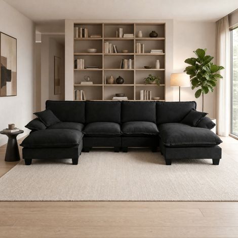 Divano angolare modulare 323x151x90 cm, stile cloud, pouf mobile, tessuto chenille, nero (1/5)