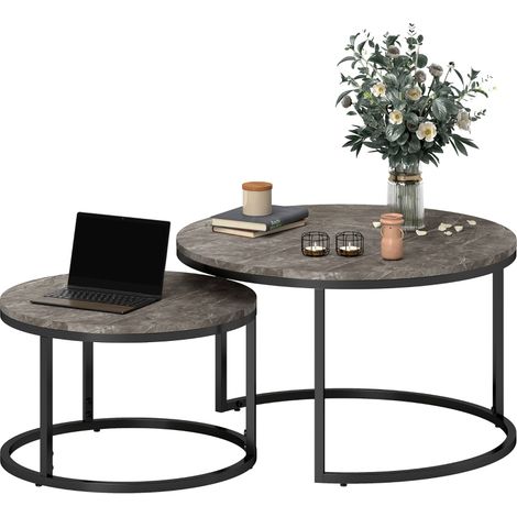 Ensemble de 2 tables basses rondes empilables avec cadre métallique, table de salon effet marbre, gris, table à café moderne (1/5)