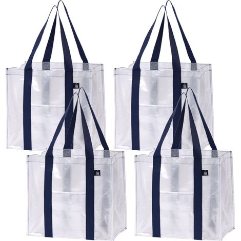 VENO Lot de 4 sacs à provisions réutilisables, sacs de courses résistants avec poignées, sacs pour chariot avec fond rigide pour une stabilité optimale, pliables, multi-usages (transparents, lot de 4) (1/5)