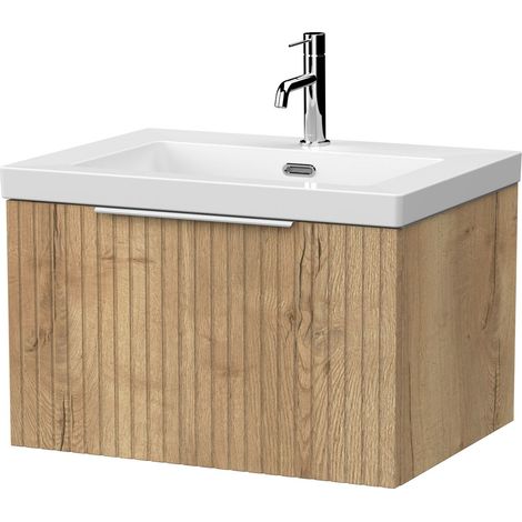 Callingwood Contemporary Wall Hung 1 Drawer Vanity Unit with 1 Tap Hole Fireclay Basin , 600mm, Autumn Oak