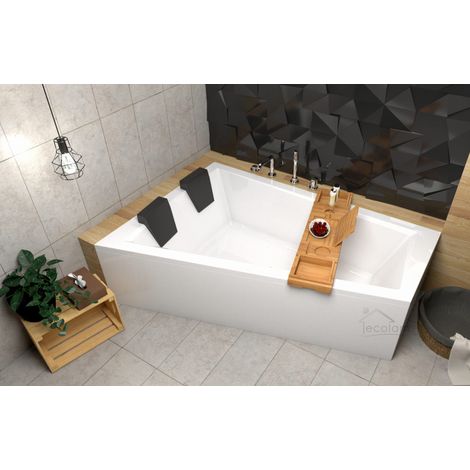 ECOLAM Baignoire trapézoïdale Intima Duo 170x125 cm gauche + tablier  2x appuie-tête noir + planche en Bambou  siphon Alcaplast  Pieds + silicone