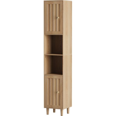 Armoire haute salle de bain avec portes et étagères ouvertes, meuble gain de place en MDF, style Mid-Century sur pieds en bois, CHICFURN (1/5)