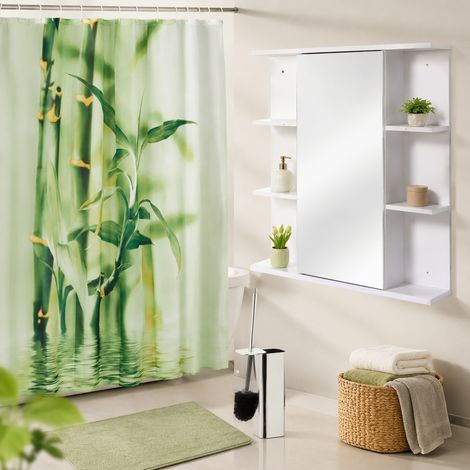 Set di 3 accessori da parete per il bagno: portaspazzole, mobiletto con specchio e tenda da doccia. (1/5)