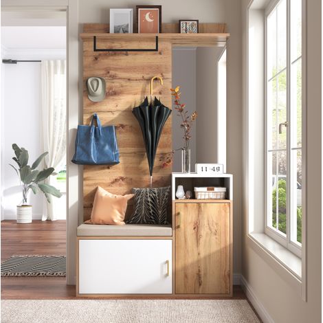 Mueble recibidor de 105 cm con espejo, zapatero, banco y perchero para entrada, blanco y color madera (1/5)