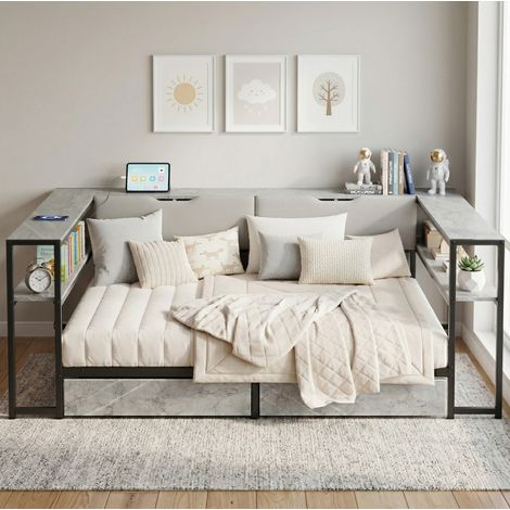 Cama tapizada moderna gris 140x200 cm con cabecero con almacenaje, USB/Type-C, 2 cajones y somier de láminas