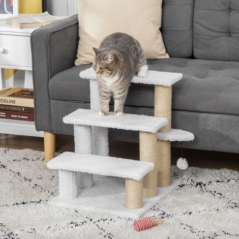 Escalera para gatos de 3 niveles con postes rascadores, blanca, 45 x 40 x 48 cm (1/5)