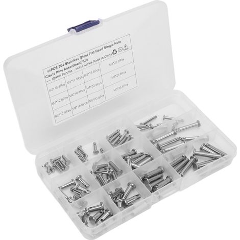 Kit d'assortiment de 96 goupilles à chape rondes en acier inoxydable, à tête plate et à trou unique, en forme de T, pour voiture (12 tailles différentes). (1/5)