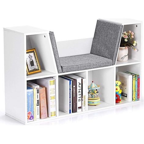 Goplus – Bibliothèque enfant 2 en 1 avec coussin – 6 étagères de rangement – Dimensions 102,5 x 30 x 63,5 cm – Bois peint blanc (1/5)