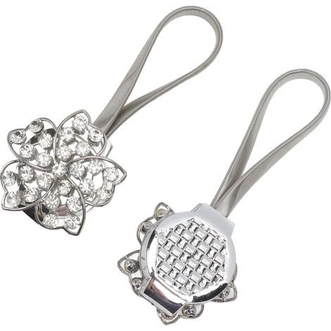 Set aus 2 ausziehbaren magnetischen Raffhaltern aus funkelndem Kristall in Form einer Blume, mit Befestigungsclips und Edelstahldraht. (1/5)