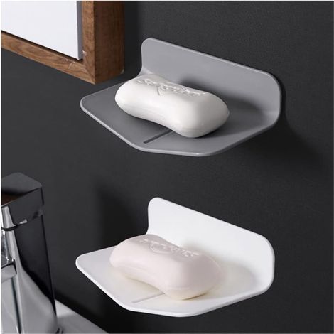 Porte-savon avec drain mural porte-savon de douche porte-savon en plastique auto-adhésif pour évier de cuisine sans perceuse 2 pièces (blanc, gris) (1/5)