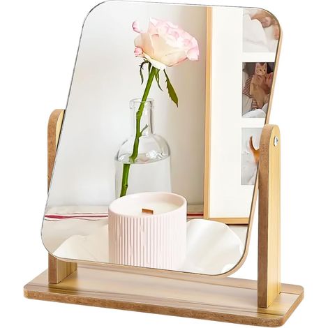 Miroir sur pied en bois - 1 unité - Style bambou naturel - Miroir haute définition ajustable - Pour chambre et salle de bain - Cadre blanc mat (1/5)