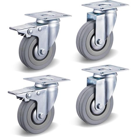 4 Roulettes Pivotantes, Roulettes de Meuble 75mm avec Frein, Roulettes de Transport en Caoutchouc, Charge 100 kg, 2 Roulettes avec Frein, 2 Roulettes Pivotantes (1/5)