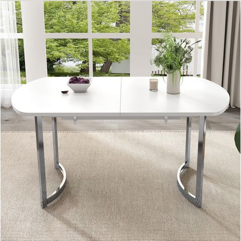 Mesa de comedor extensible de MDF 140/180 x 80 cm blanca con patas metálicas plateadas, 4-6 plazas (1/5)